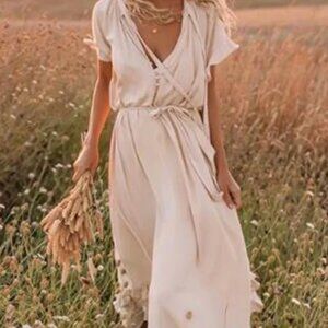 Beige Frill Sleeved Dress - Maxi